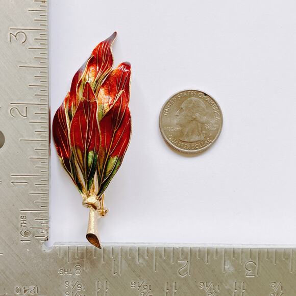 VTG Mid Century Enamel Leaf Brooch Gold Tone Autumn Pin 1950s Jewelry - Picture 10 of 10